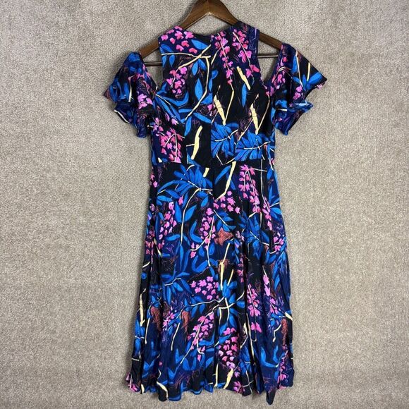 Anthropologie Maeve Elia Dress Womens 0 Blue Floral Print Cold Shoulder A Line - Picture 10 of 11